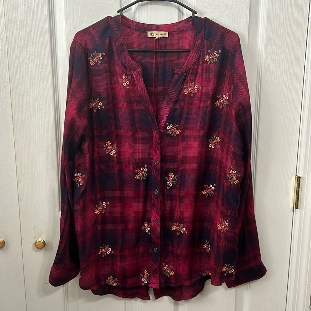 Democracy shirt. Plaid. Embroidered. Size XL